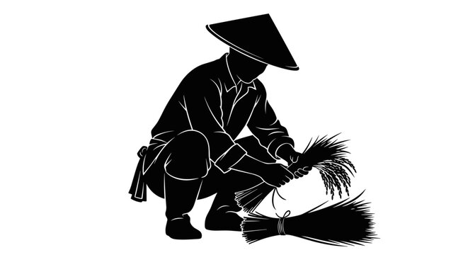 Man in traditional Asian conical hat.