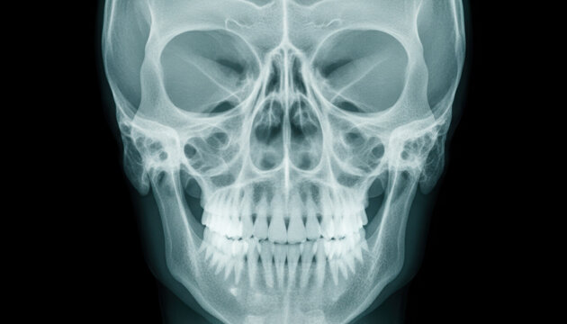 Frontal view human skull X-ray radiograph showing teeth and facial bone structure