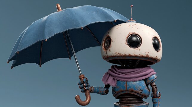 Rusty robot holds a vintage umbrella. Its round eyes gaze gently upward. Weathered metal and faded paint tell a story. Soft scarf adds warmth to its frame. Ideal for whimsical, retro