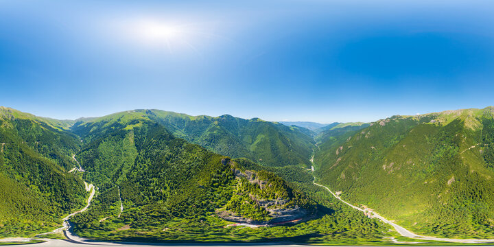 Altindere, Trabzon Province, Turkey. Sumela Monastery. Altindere Valley Park. Coniferous forest on the slopes. Panorama 360 x 180. Aerial view