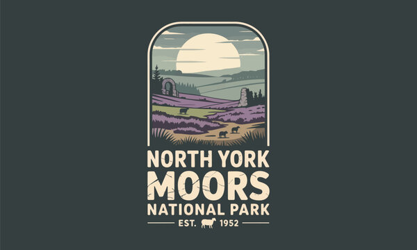 North York Moors National Park vintage travel poster with heather moorland landscape