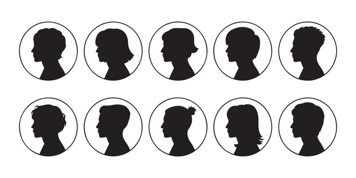 Set of human head profile silhouettes inside circles representing various users for social interface.