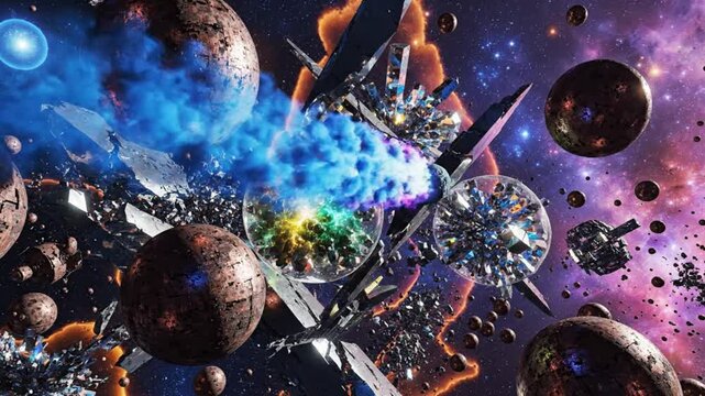 Surreal celestial artwork with planets, geometric structures, and glowing orbs against a cosmic background.