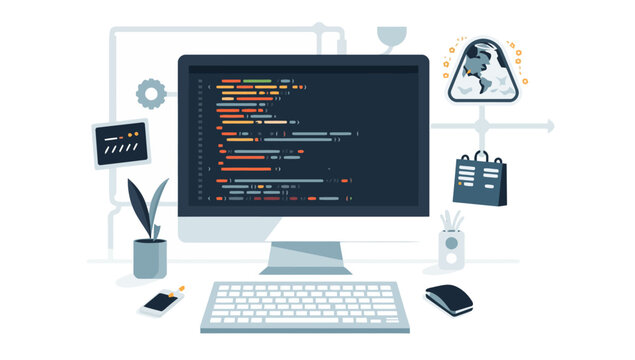 Computer screen with coding on monitor.