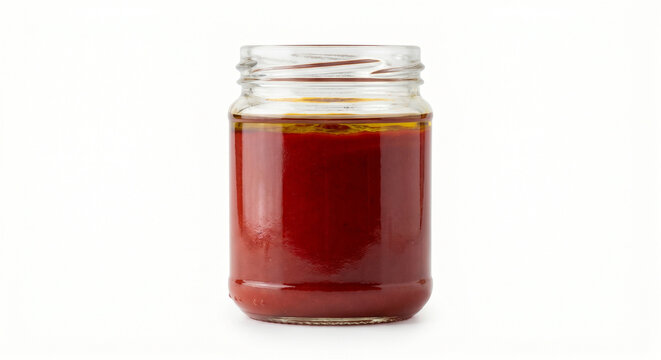 Clear glass jar filled with rich harissa blend isolated on white background for culinary and food industry product advertising photography