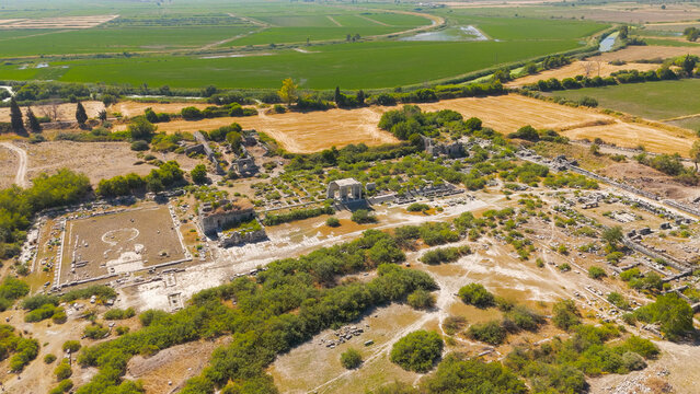 Balat, Turkey. Aerial drone view of Roman Nymphaeum fountain, Capito Baths and North Market at Miletus. Aerial View