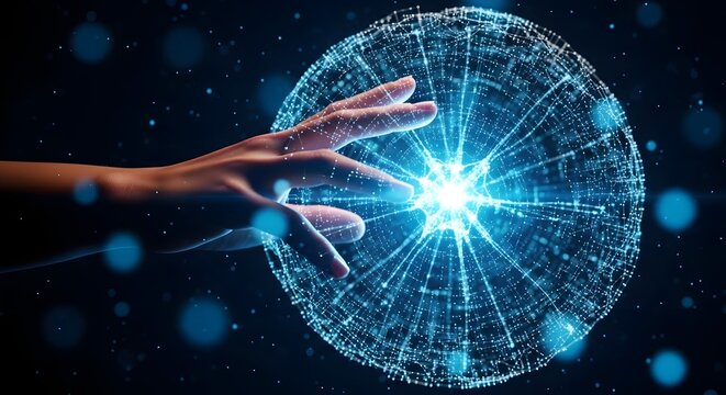 Futuristic digital energy sphere, human hand touching glowing blue data globe