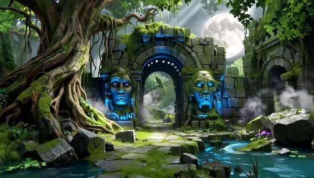 Ancient stone temple gateway with glowing face sculptures in a misty forest