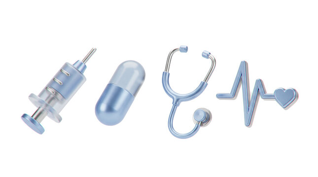 Cute minimal healthcare medical objects collection syringe pill capsule stethoscope heart heartbeat pulse line icon isolated white background clinical concept 3d rendering