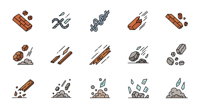 Broken Debris and Shattered Objects Vector Illustration Icon Set