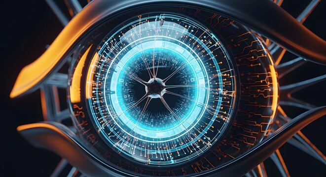 Futuristic cybernetic eye, digital bionic iris, high-tech biometric vision scan
