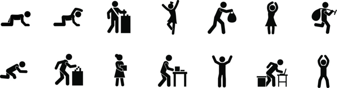 Stick figure thief stealing and sneaking silhouette