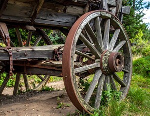 Fototapeta premium A close-up view of an old, weathered wooden cart wheel