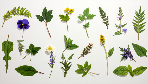 Diversas folhas e flores sobre fundo branco