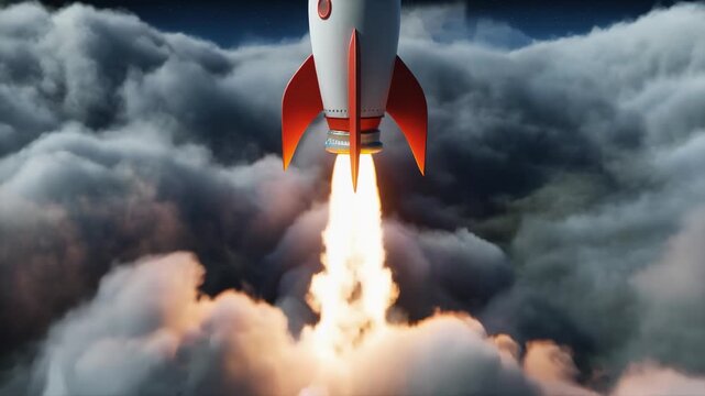 Retro rocket ship ascending through cloudy sky, flames trailing beneath, stylized 3d illustration