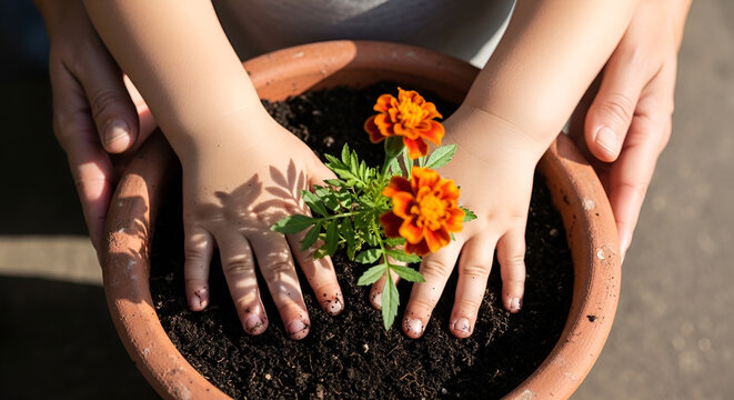 Adults and child hands holding a potted orange marigold flower