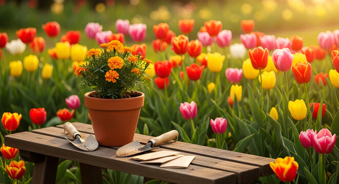 Vibrant tulip garden with potted marigold and gardening tools on wooden bench
