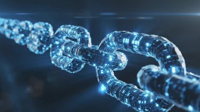 Futuristic digital chain technology illustration with glowing links, representing data security and blockchain network