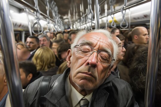 Exhausted Senior Man Sleeping in Crowded Subway Train During Rush Hour