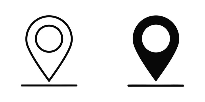 Location pin icon outline and solid silhouette for map marker and GPS point graphic design