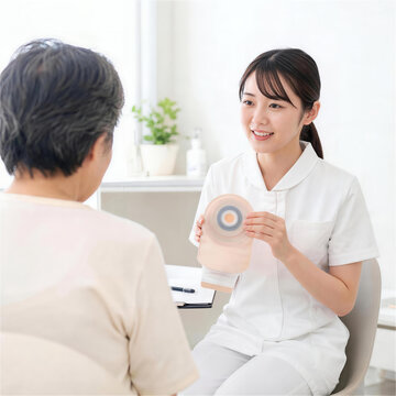 ストーマ装具を手に持ち笑顔で患者に説明する女性看護師