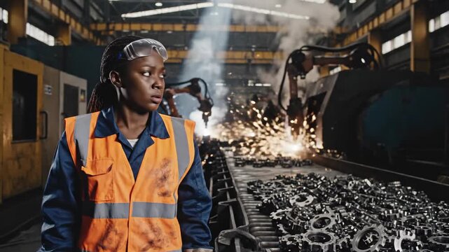 A focused African American female factory worker in safety gear observes robotic welding operations in a factory.