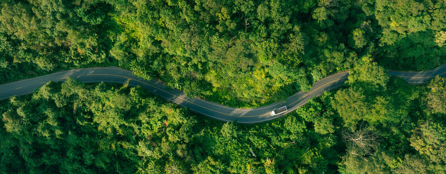 Scenic forest road viewed from above representing sustainable mobility and eco friendly transportation. Ideal for environmental awareness, green finance and long term investment visuals.