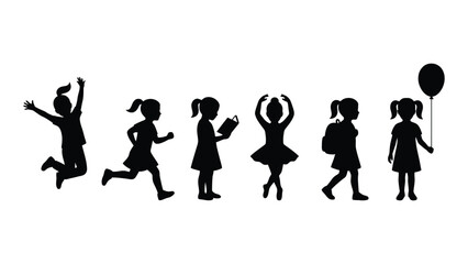 Obraz premium Group of children in various poses black silhouette on a white background silhouette high quality professional detailed modern elegant