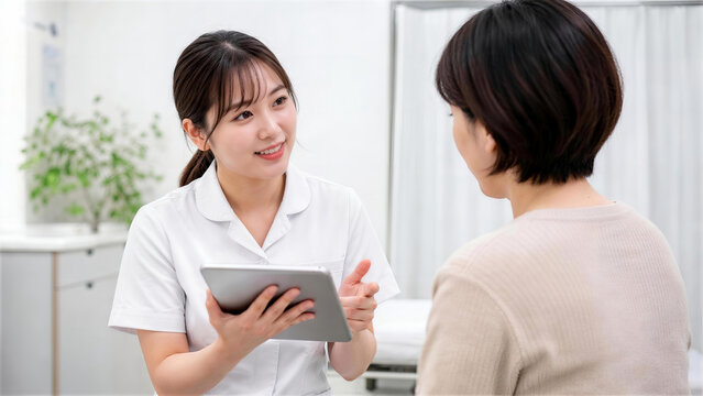 タブレットを持ち笑顔で患者に説明する女性看護師