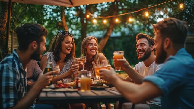 Group of friends laughing and drinking together outdoors at a summer hangout