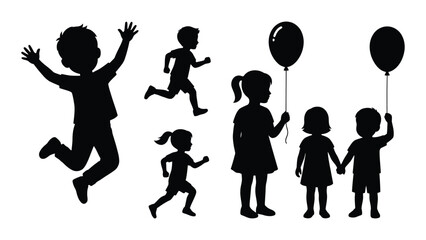 Group of children jumping running and holding balloons black silhouette high quality professional detailed modern elegant stylish clean crisp