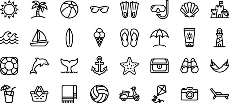Summer vacation line icons set beach travel and leisure activities