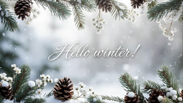 Pine tree branches and cones covered in snow framing a soft bokeh background for a winter holiday greeting concept and festive season