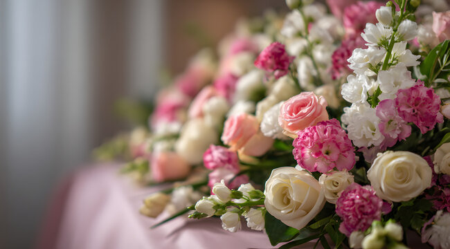 Elegant floral arrangement for a funeral service in a mortuary setting. Respectful sympathy composition for remembrance, memorial, and condolence themes. Soft blossoms and solemn styling in a calm set