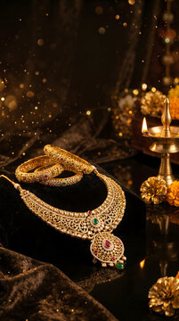 Traditional gold jewelry set with necklace and bangles