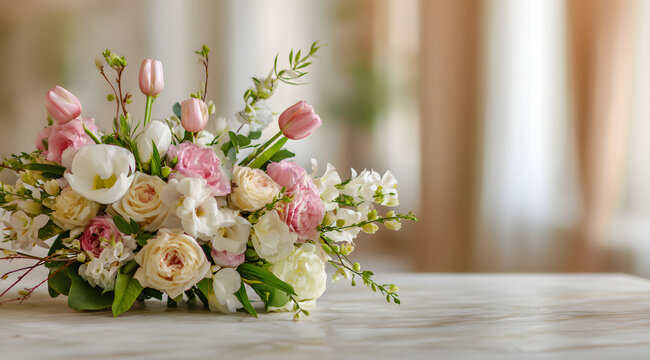 A funeral service in a mortuary setting calls for an elegant floral arrangement. This composition is respectful for remembrance, memorial, and condolence themes, featuring soft blossoms and solemn sty