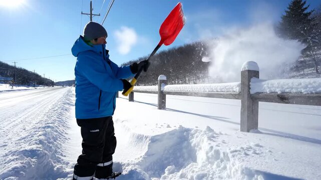 A man in a blue jacket diligently shovels fresh snow from a pathway on a clear, sunny winter day.