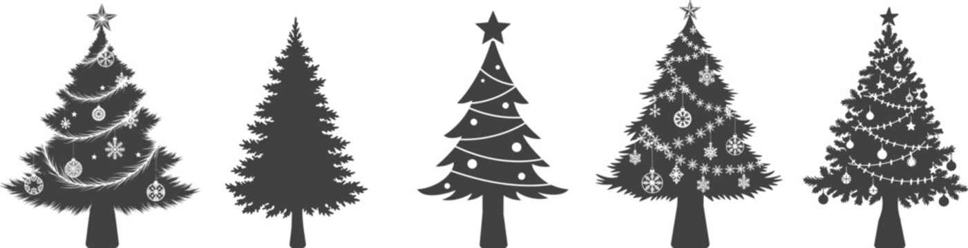Black silhouette christmas trees with decorations isolated on white background