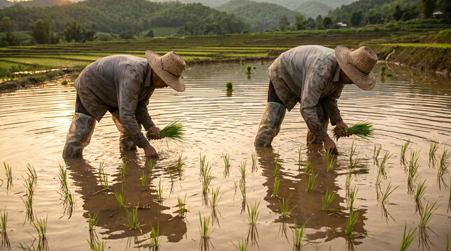 Dedicated Asian Farmers Planting Rice Seedlings in a Flooded Paddy Field, Reflecting Traditional Agricultural Practices at Sunset