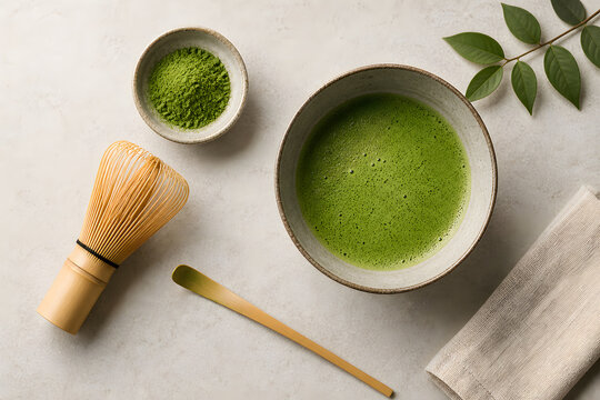 Japanese Matcha Tea Set Flat Lay Background with Copy Space