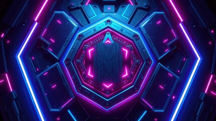 Fototapeta premium Hexagonal tunnel glows with neon lights. Futuristic design features complex metallic structure, dark background enhances vibrant colors.