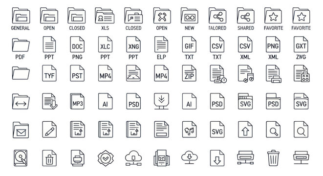 Collection of line icons representing various file and folder types