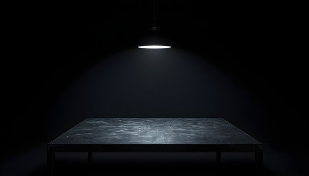 contrast photograph featuring a dimly lit, metallic table surface. The table is rectangular and appears worn, with visible scratches and scuffs across its surface, suggesting frequent use. Above the t