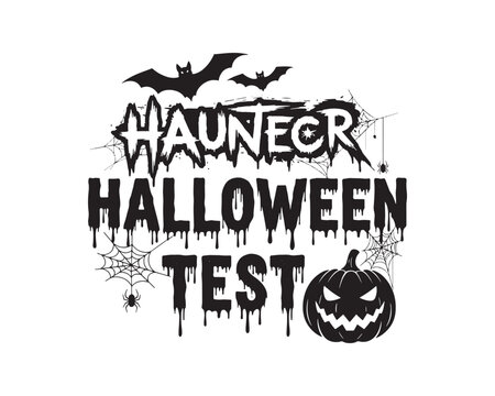 Black halloween text with bats spider webs and jack o lantern on white background