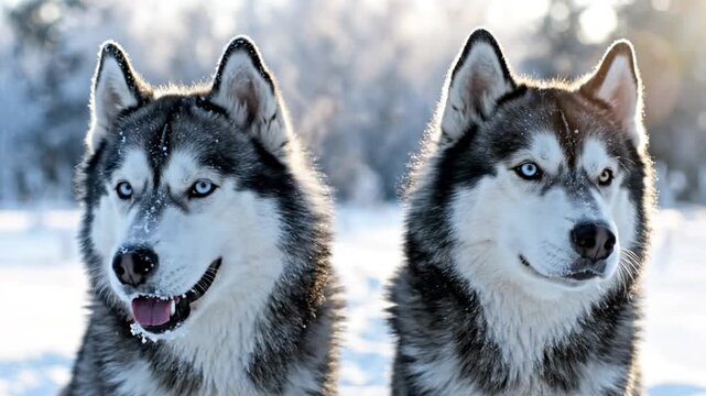 Two beautiful Siberian huskies panting in a snowy landscape with blue eyes, breath visible in the cold air, and winter background