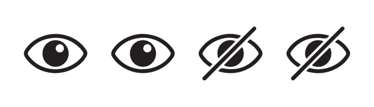 Set of black eye icons on transparent background showing vision and hidden visibility status symbols.