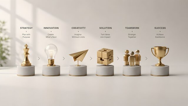 Strategic business roadmap and continuous improvement process featuring concrete podiums with chess piece, lightbulb, paper plane, puzzle, people, and trophy.