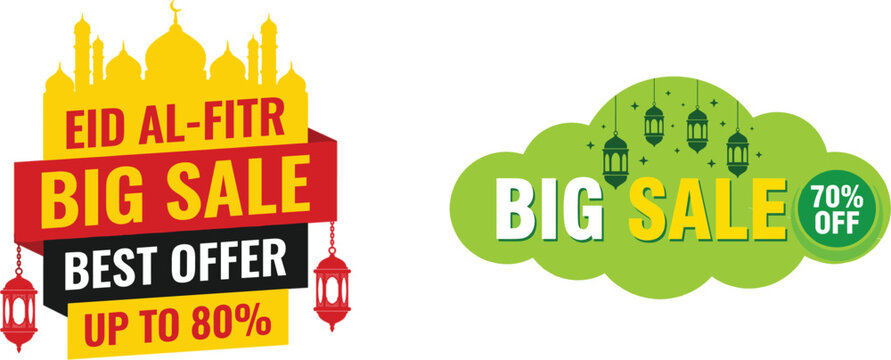 Eid Al Fitr Big Sale Promotional Banner Set with Discount Offer and Islamic Lantern Decorative Vector Design.