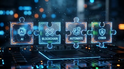 Fototapeta premium Integrated Digital Transformation: AI, Blockchain, Automation, and Cybersecurity Puzzle Pieces Connecting on Circuit Board
