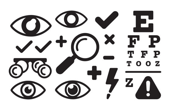 Eye symbols checkmarks plus minus signs and eye exam chart vector graphics.